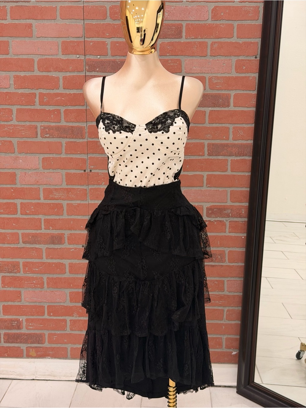 Massimo Black & Cream Polka Dot Lace-Trim top